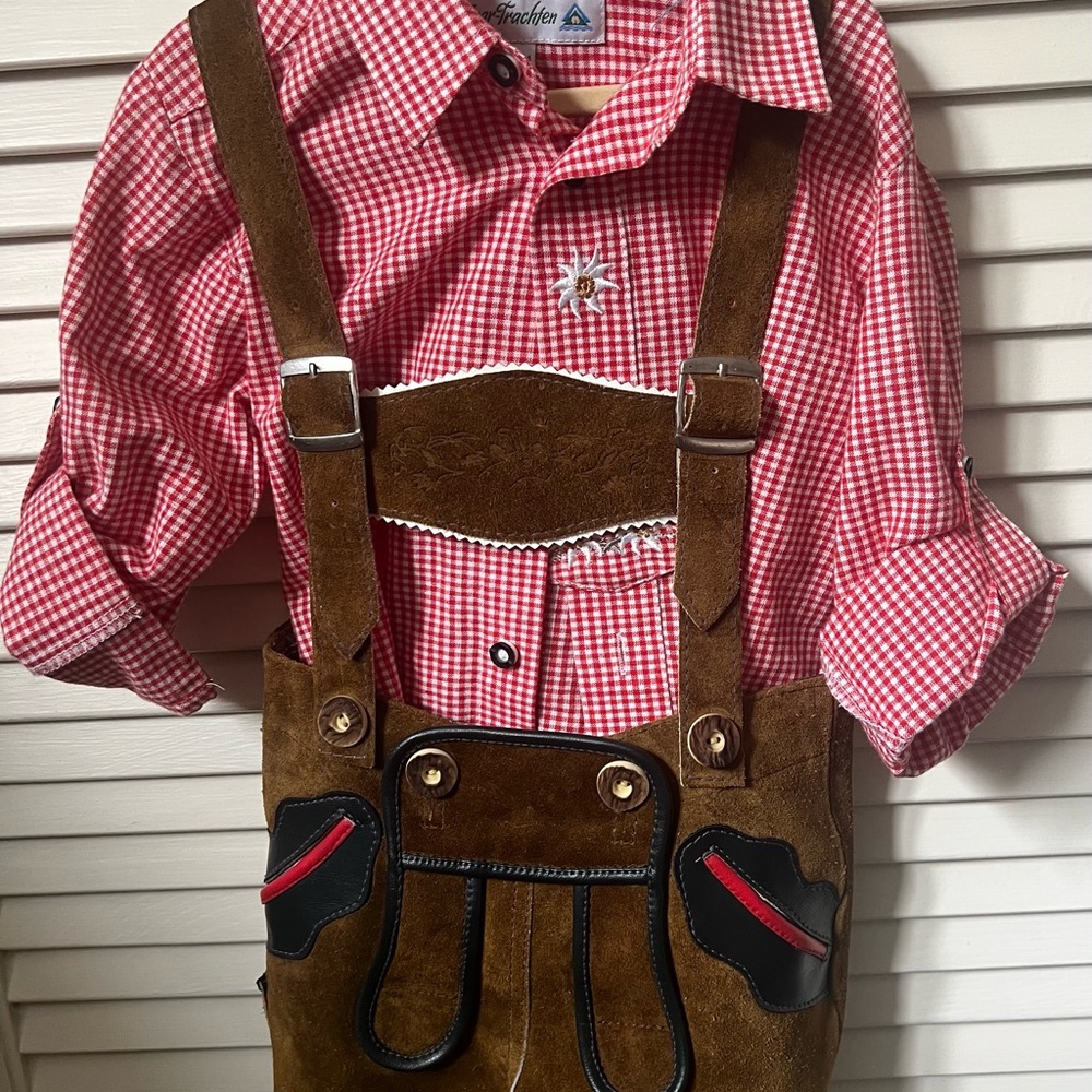 Red Checkered Shirt with Brown Lederhosen